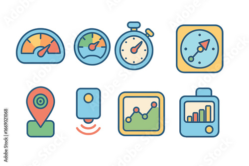 Children's Motion Icons. Flat vector mini-illustrations acceleration measurement in colors children's illustrations: speedometer,