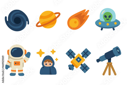 Children's Mini-Illustrations Grid. Flat vector mini-illustrations space unknown in colors children's illustrations: black hole,