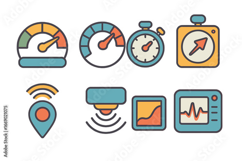 Children's Motion Icons. Flat vector mini-illustrations acceleration measurement in colors children's illustrations: speedometer,