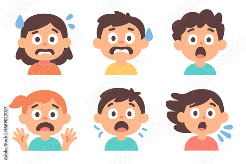 Children's Panic Icons. Flat vector mini-illustrations panic expressions in colors children's illustrations: wide open eyes,