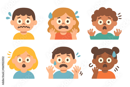 Children's Panic Icons. Flat vector mini-illustrations panic expressions in colors children's illustrations: wide open eyes,