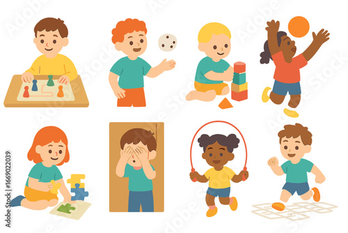 Children's Playtime Icons. Flat vector mini-illustrations trying games in colors children's illustrations: child playing board