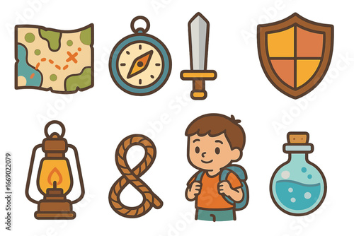 Children's Quest Tools. Flat vector mini-illustrations quest tools in colors children's illustrations: map, compass, sword, shield