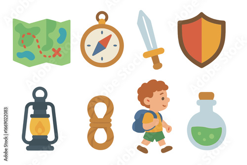 Children's Quest Tools. Flat vector mini-illustrations quest tools in colors children's illustrations: map, compass, sword, shield