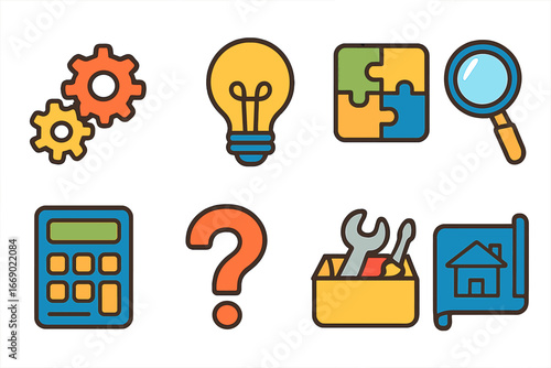 Children's Problem Solving Icons. Flat vector mini-illustrations problem solving challenges in colors children's illustrations: