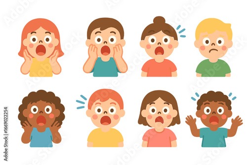 Children's Shock Icons. Flat vector mini-illustrations scream expressions in colors children's illustrations: wide open mouth,
