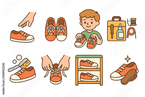 Children's Shoe Adventure. Flat vector mini-illustrations shoe recovery in colors children's illustrations: found shoe, reunited