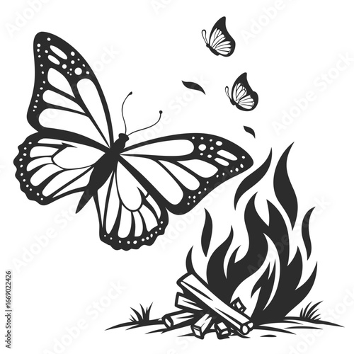 Butterfly wings glowing under shattered flame silhouette