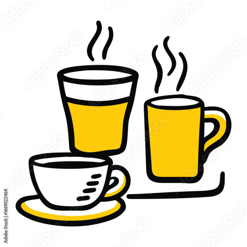 Whimsical hand-drawn trio of hot beverages cozy morning coffee tea and juice drinks