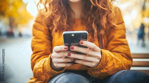 Woman Using Smartphone Outdoors Autumn Park Bench