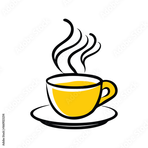 Steaming hot beverage in a yellow cup and saucer simple line drawing enjoying a warm drink morning coffee or tea break