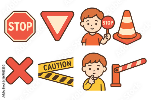 Children's Traffic Icons. Flat vector mini-illustrations stop and caution signs in colors children's illustrations: red stop sign,