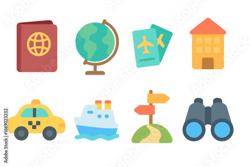 Children's Travel Icons. Flat vector mini-illustrations travel journey in colors children's illustrations: passport, globe, travel