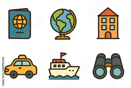 Children's Travel Icons. Flat vector mini-illustrations travel journey in colors children's illustrations: passport, globe, travel