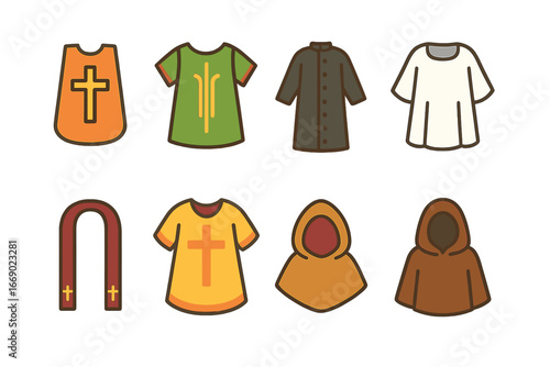 Children's Vestment Icons. Flat vector mini-illustrations Traditional vestments in colors children's illustrations: tabard,