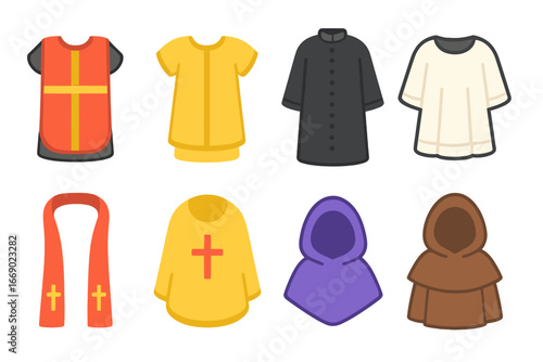 Children's Vestment Icons. Flat vector mini-illustrations Traditional vestments in colors children's illustrations: tabard,