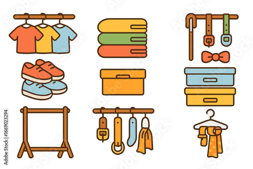 Children's Wardrobe Organization Icons. Flat vector mini-illustrations wardrobe organization in colors children's illustrations: