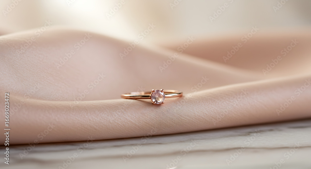 Obraz premium Rose Gold Ring with Delicately Cut Peach Gemstone Resting on Lustrous, Soft Pink Silk Fabric and Marble Surface, Capturing Elegance and Romance – Perfect for Engagements, Weddings, Anniversaries