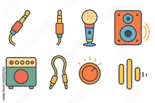 Colorful Audio and Adapters. Flat vector mini-illustrations audio ports in colors children's illustrations: headphone plug, audio