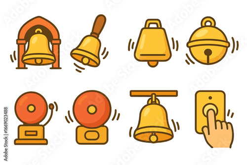Colorful Bells Grid. Flat vector mini-illustrations bell ringing in colors children's illustrations: ringing church bell, swinging
