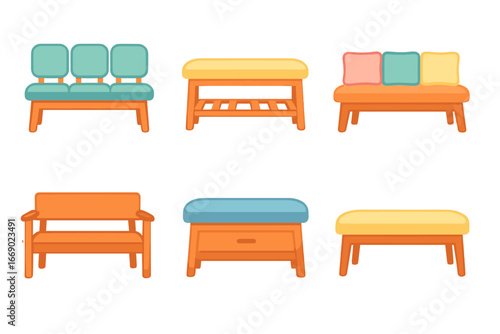 Colorful Bench Illustrations. Flat vector mini-illustrations indoor benches in colors children's illustrations: waiting room bench