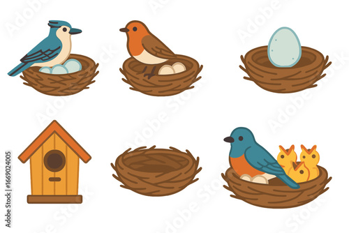 Colorful Bird Nest Icons. Flat vector mini-illustrations bird nests in colors children's illustrations: jay nest, robin nest,