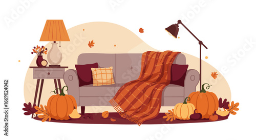 Vector illustration of Cozy autumn living room fall decor with pumpkin and blanket arrangement