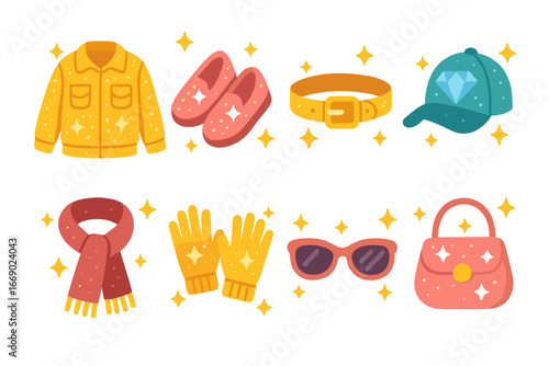 Colorful Bling Fashion Icons. Flat vector mini-illustrations bling clothing in colors children's illustrations: sparkling jacket,