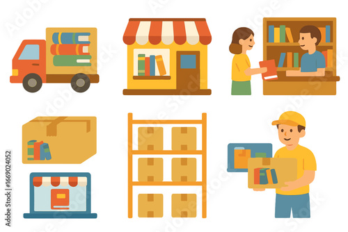 Colorful Book Distribution. Flat vector mini-illustrations book distribution in colors children's illustrations: delivery truck,