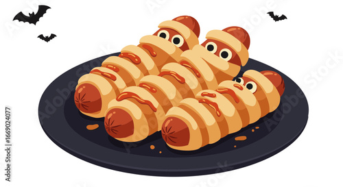 Vector illustration of Playful mummy hot dogs with bandage wrappings and edible eyes, Spooky food