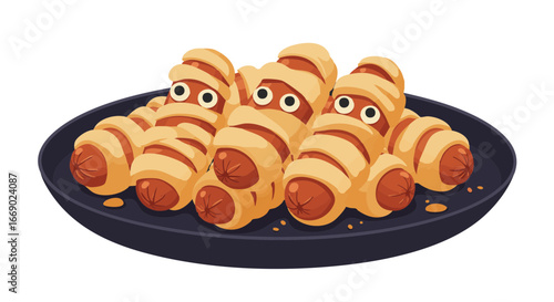 Vector illustration of Playful mummy hot dogs with bandage wrappings and edible eyes, Spooky food