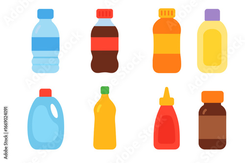 Colorful Bottle Cap Uses. Flat vector mini-illustrations plastic bottle cap uses in colors children's illustrations: water bottle,
