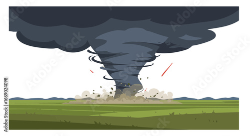 Vector illustration of Powerful tornado touching down in a rural landscape