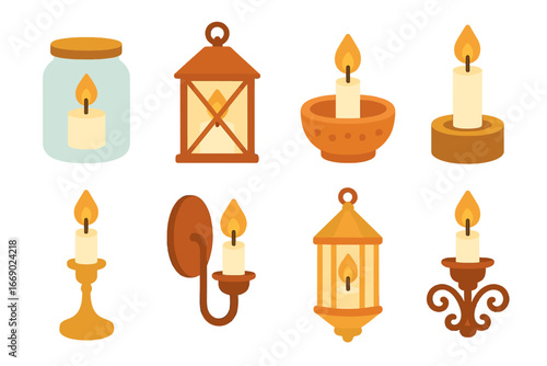 Colorful Candle Holder Icons. Flat vector mini-illustrations candle holders in colors children's illustrations: glass jar, metal