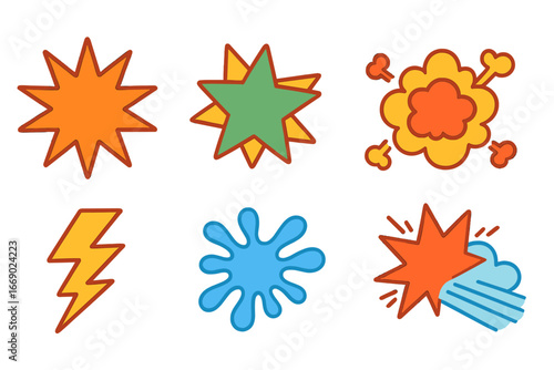 Colorful Cartoon Sound Icons. Flat vector mini-illustrations cartoon loud sounds in colors children's illustrations: POW burst,