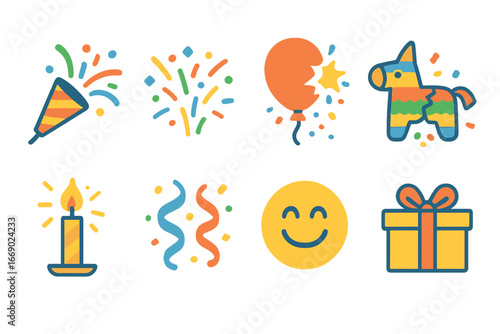 Colorful Celebration Icons. Flat vector mini-illustrations smashing celebrations in colors children's illustrations: popping party