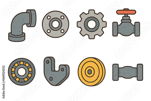 Colorful Cast Iron Parts. Flat vector mini-illustrations cast iron industrial parts in colors children's illustrations: cast iron