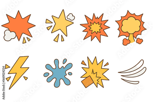 Colorful Cartoon Sound Icons. Flat vector mini-illustrations cartoon loud sounds in colors children's illustrations: POW burst,