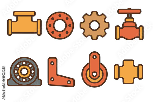 Colorful Cast Iron Parts. Flat vector mini-illustrations cast iron industrial parts in colors children's illustrations: cast iron