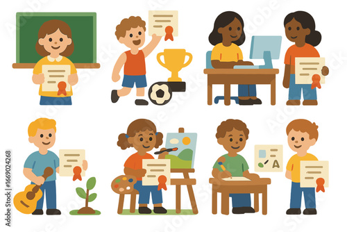 Colorful Certificate Icons. Flat vector mini-illustrations certificate usage scenarios in colors children's illustrations: school,