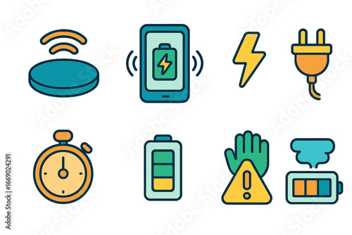 Colorful Charging Mini-Icons. Flat vector mini-illustrations wireless fast charge in colors children's illustrations: wireless
