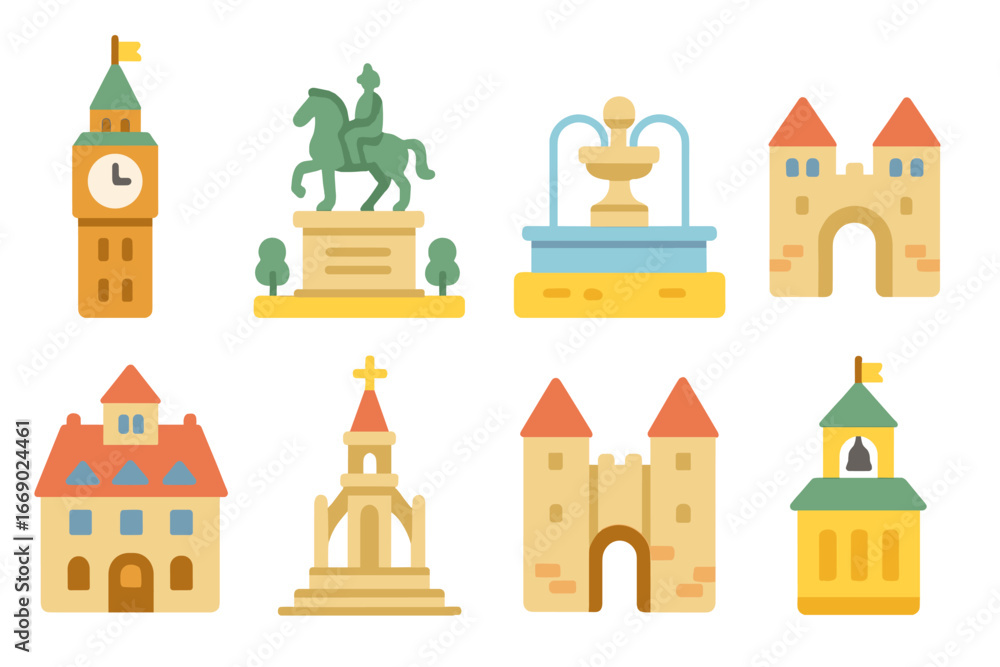 Fototapeta premium Colorful City Monuments. Flat vector mini-illustrations city monuments in colors children's illustrations: clock tower, statue in