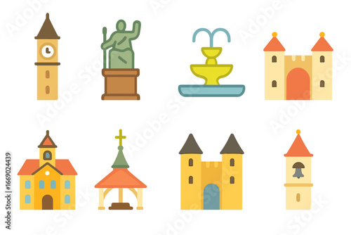 Colorful City Monuments. Flat vector mini-illustrations city monuments in colors children's illustrations: clock tower, statue in