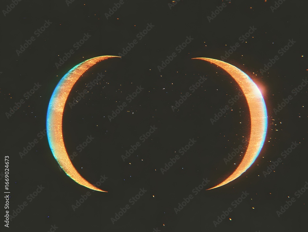 Naklejka premium Cosmic Crescent Moonscape, Glowing Celestial Duo in Dark Space