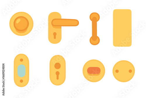 Colorful Door Handles. Flat vector mini-illustrations door handles in colors children's illustrations: round knob, lever handle,