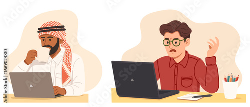 Men working Remotely with laptops, Arab man in traditional clothes drinking coffee and man in glasses frustrated with work, flat style illustration for freelance and online business