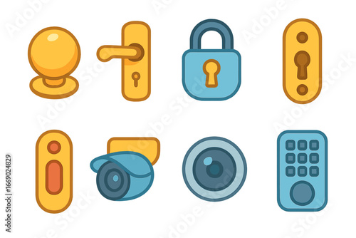 Colorful Door Hardware Icons. Flat vector mini-illustrations door hardware in colors children's illustrations: doorknob, door