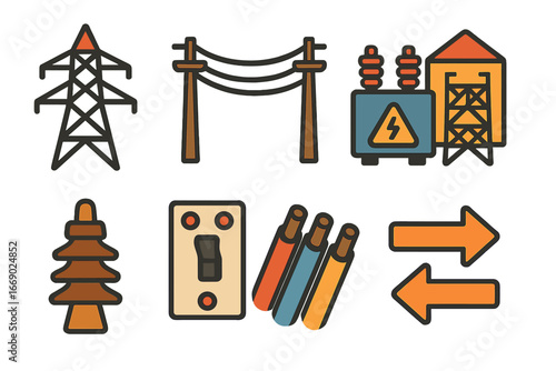 Colorful Electric Grid Icons. Flat vector mini-illustrations power transmission in colors children's illustrations: electric tower