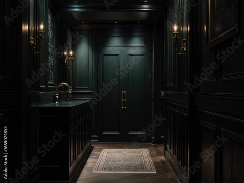 A dark, opulent hallway wit...