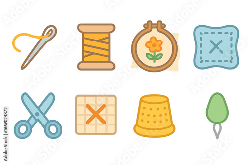 Colorful Embroidery Icons. Flat vector mini-illustrations embroidery needles in colors children's illustrations: embroidery needle